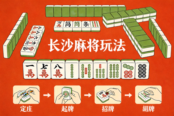 长沙麻将玩法配图，橘红色背景与长沙麻将主题字样